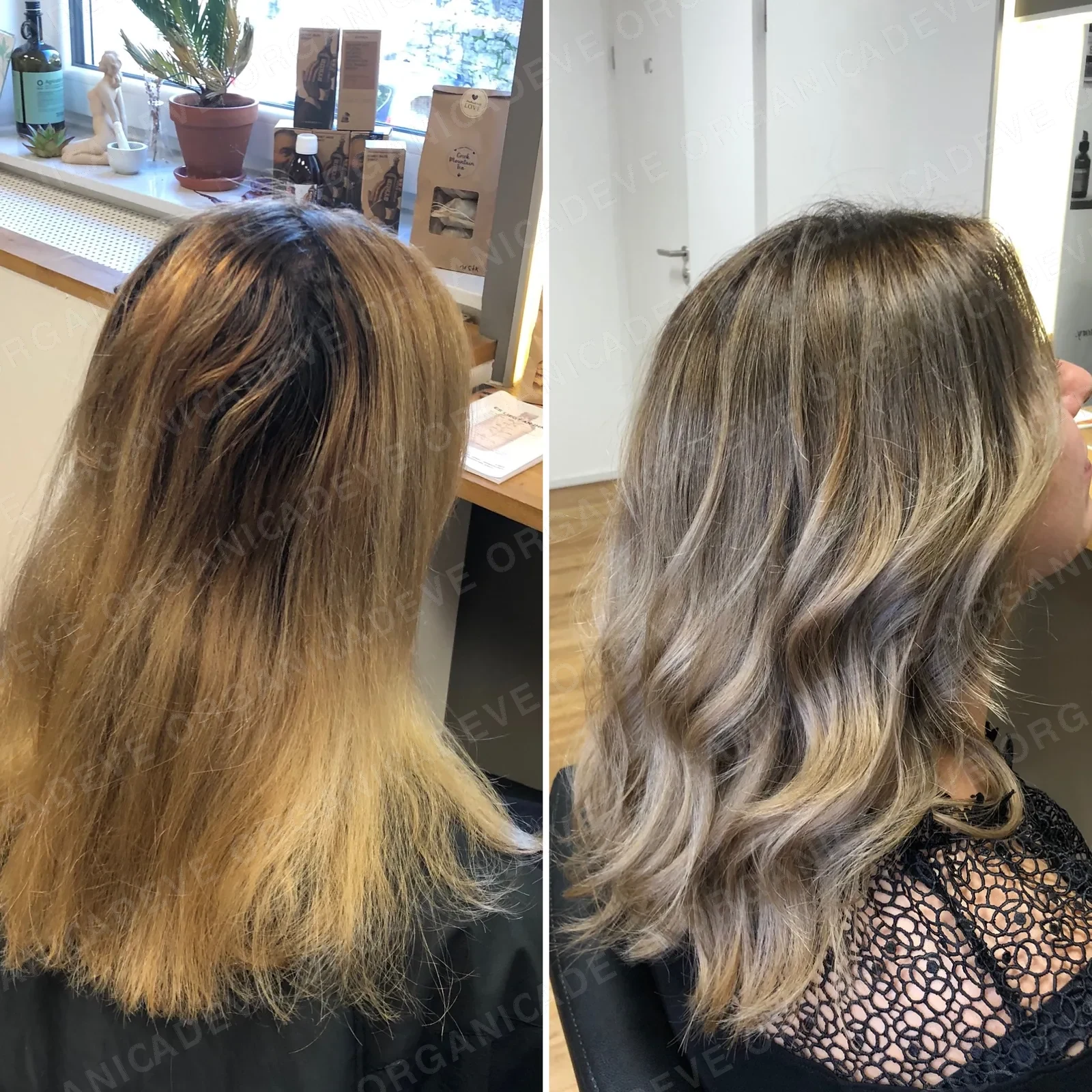 Vorher Nachher Soft Blonde Farbergebnis im ADEVE Organic Salon Waiblingen